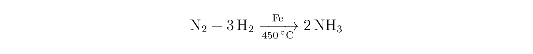 The Haber process with an iron catalyst above the arrow and 450 degrees Celsius below it
