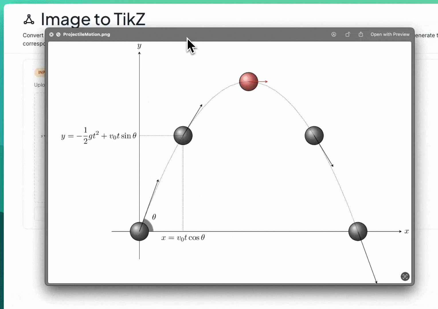 Image-to-TikZ conversion example showing projectile motion diagram