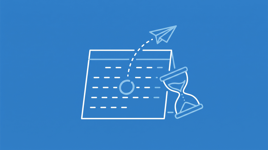 A calendar with one date circled, an hourglass, and a paper airplane taking off