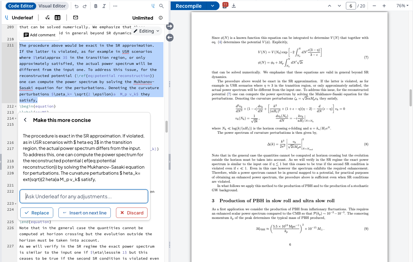 Underleaf Chrome extension assisting in a LaTeX editor